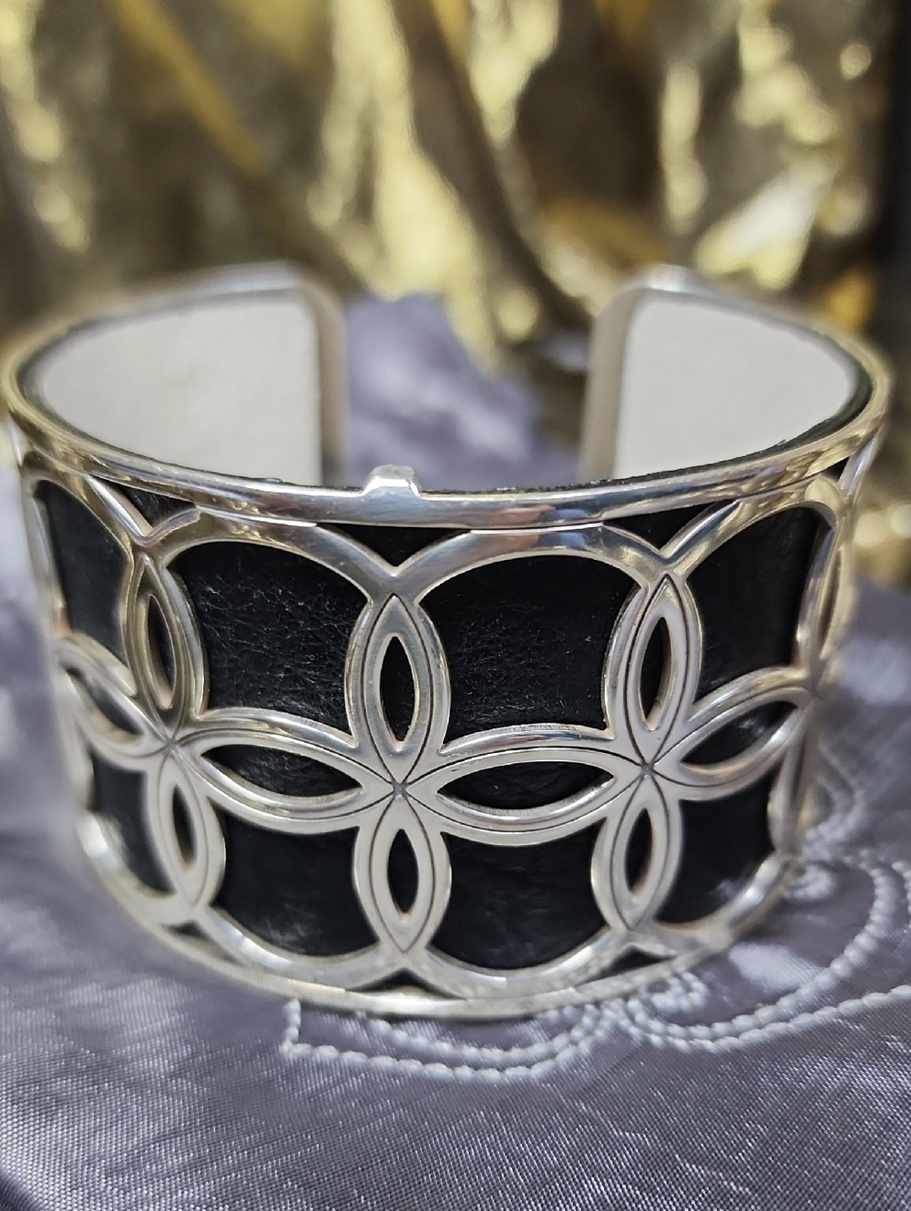Brighton Silver-Tone Black Leather Floral Cuff Bracelet With Gray Brighton Bag - Picture 3 of 11